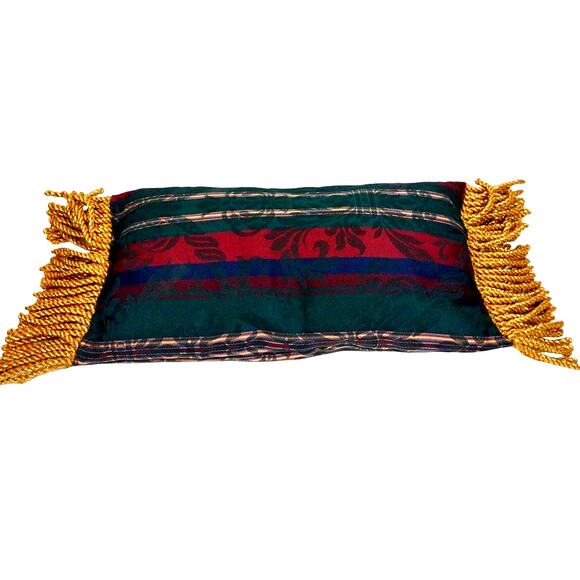 Vintage Rectangle Tapestry Pillow Heavy Gold Fringed Edge Scrolls and Stripes - Picture 1 of 8